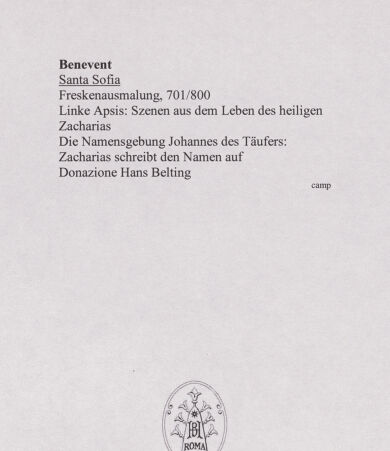 Rückseite von unbekannt [https://www.deutsche-digitale-bibliothek.de/content/lizenzen/rv-ez/] Szenen aus den Geburtsgeschichten Johannes' des Täufers und Jesu sowie Fragmente weiterer FreskenLinke Seitenapsis: Verkündigung an Zacharias und Stummheit des Hohepriesters - Die Namensgebung Johannes des Täufers: Zacharias schreibt den Namen auf, bh556285_recto. Foto.