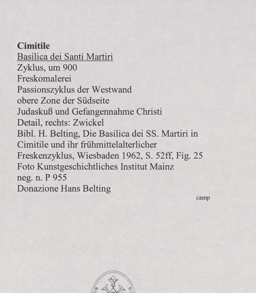 Rückseite von Kunstgeschichtliches Institut Mainz [https://www.deutsche-digitale-bibliothek.de/content/lizenzen/rv-ez/] FreskenzyklusPassionszyklus (Westwand und oberer Teil der Nordwand)Judaskuss und Gefangennahme Christi - Detail, rechts: Zwickel, bh556430_recto. Foto.