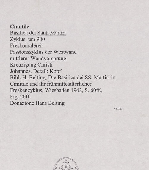 Rückseite von unbekannt [https://www.deutsche-digitale-bibliothek.de/content/lizenzen/rv-ez/] FreskenzyklusPassionszyklus (Westwand und oberer Teil der Nordwand)Kreuzigung Christi - Johannes, Detail: Kopf, bh556434_recto. Foto.