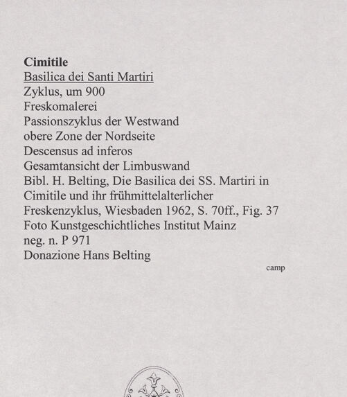 Rückseite von Kunstgeschichtliches Institut Mainz [https://www.deutsche-digitale-bibliothek.de/content/lizenzen/rv-ez/] FreskenzyklusPassionszyklus (Westwand und oberer Teil der Nordwand)Descensus ad inferos (die Höllenfahrt Christi) - Gesamtansicht der Limbuswand, bh556436_recto. Foto.