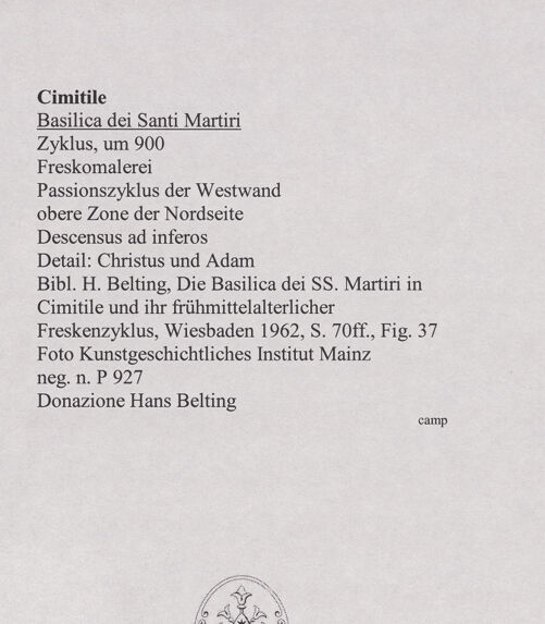 Rückseite von Kunstgeschichtliches Institut Mainz [https://www.deutsche-digitale-bibliothek.de/content/lizenzen/rv-ez/] FreskenzyklusPassionszyklus (Westwand und oberer Teil der Nordwand)Descensus ad inferos (die Höllenfahrt Christi) - Detail: Christus und Adam, bh556437_recto. Foto.