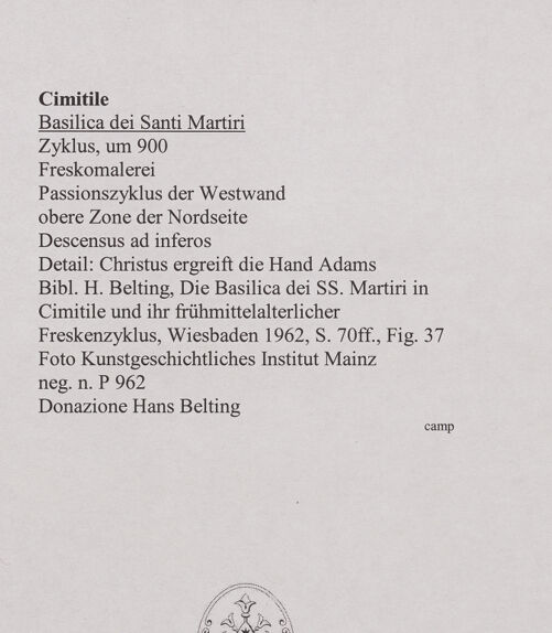 Rückseite von Kunstgeschichtliches Institut Mainz [https://www.deutsche-digitale-bibliothek.de/content/lizenzen/rv-ez/] FreskenzyklusPassionszyklus (Westwand und oberer Teil der Nordwand)Descensus ad inferos (die Höllenfahrt Christi) - Detail: Adam ergreift die Hand Christi, bh556438_recto. Foto.