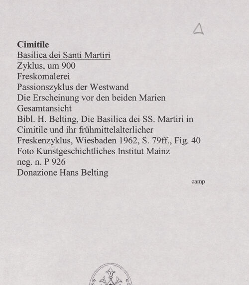 Rückseite von Kunstgeschichtliches Institut Mainz [https://www.deutsche-digitale-bibliothek.de/content/lizenzen/rv-ez/] FreskenzyklusPassionszyklus (Westwand und oberer Teil der Nordwand)Die Erscheinung vor den beiden Marien - Gesamtansicht, bh556442_recto. Foto.