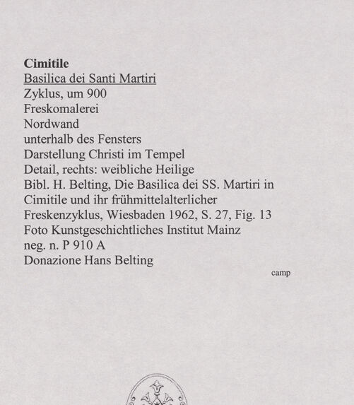 Rückseite von Kunstgeschichtliches Institut Mainz [https://www.deutsche-digitale-bibliothek.de/content/lizenzen/rv-ez/] FreskenzyklusVita-Szenen (Nordwand)Darstellung Christi im Tempel - Detail, rechts: weibliche Heilige, bh556450_recto. Foto.