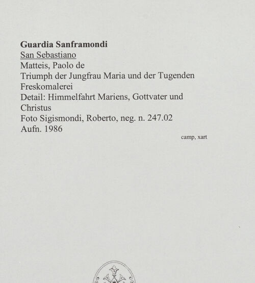 Rückseite von Sigismondi, Roberto [http://creativecommons.org/licenses/by-nc-sa/4.0/] Triumph der Jungfrau Maria und der Tugenden - Detail: Himmelfahrt Mariens, Gottvater und Christus, bh556734_recto. Foto: Sigismondi, Roberto.