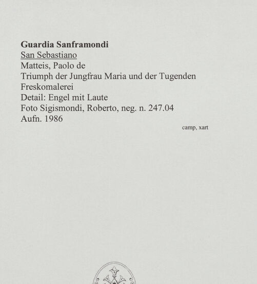 Rückseite von Sigismondi, Roberto [http://creativecommons.org/licenses/by-nc-sa/4.0/] Triumph der Jungfrau Maria und der Tugenden - Detail: Engel mit Laute, bh556736_recto. Foto: Sigismondi, Roberto.