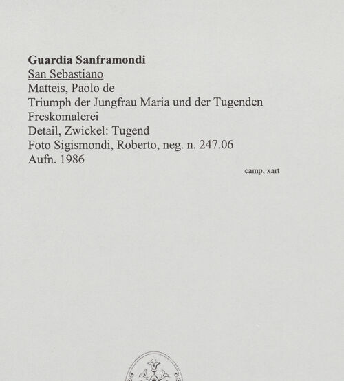 Rückseite von Sigismondi, Roberto [http://creativecommons.org/licenses/by-nc-sa/4.0/] Triumph der Jungfrau Maria und der Tugenden - Detail, Zwickel: Tugend, bh556738_recto. Foto: Sigismondi, Roberto.