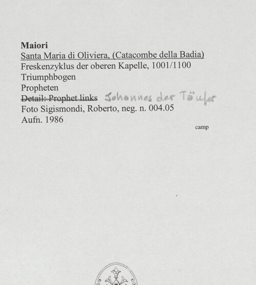 Rückseite von Sigismondi, Roberto [http://creativecommons.org/licenses/by-nc-sa/4.0/] Zyklus der oberen KapelleMadonna zwischen den heiligen Nikolaus, Paulinus, Johannes dem Täufer und Johannes dem Evangelisten - Johannes der Täufer (nach der Restaurierung), bh556747_recto. Foto: Sigismondi, Roberto.