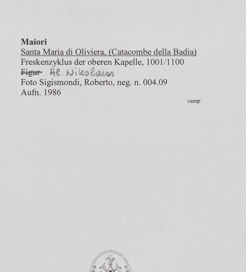 Rückseite von Sigismondi, Roberto [http://creativecommons.org/licenses/by-nc-sa/4.0/] Zyklus der oberen KapelleHeiliger Nikolaus von Myra und zwei Stifter (Stifterbild) - Heiliger Nikolaus (nach der Restaurierung), bh556751_recto. Foto: Sigismondi, Roberto.