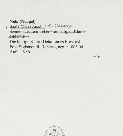 Rückseite von Sigismondi, Roberto [http://creativecommons.org/licenses/by-nc-sa/4.0/] Heiligen des Franziskanerordens - Detail: Die heilige Klara, bh556760_recto. Foto: Sigismondi, Roberto.