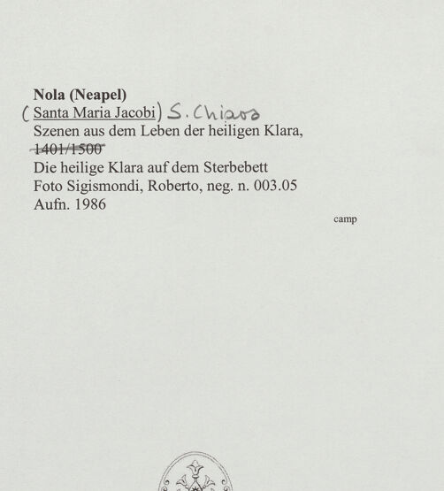 Rückseite von Sigismondi, Roberto [http://creativecommons.org/licenses/by-nc-sa/4.0/] Szenen aus dem Leben der heiligen KlaraDie heilige Klara auf dem Sterbebett - Gesamtansicht, bh556761_recto. Foto: Sigismondi, Roberto.