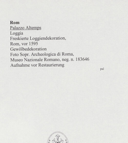 Rückseite von Sopr. Archeologica di Roma, Museo Nazionale Romano [https://rightsstatements.org/page/CNE/1.0/] Freskierte LoggiendekorationTrompe l'oeil-Dekoration mit illusionistischen Weinlauben, Putten und Tieren - , bh557934_recto. Foto.