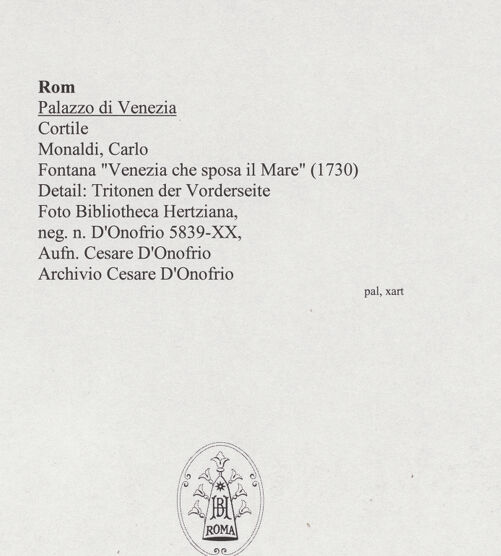 Rückseite von Bibliotheca Hertziana [http://creativecommons.org/licenses/by-nc-sa/4.0/] Fontana "Venezia che sposa il Mare" - Detail: Tritonen der Vorderseite, bh558587_recto. Foto: D'Onofrio, Cesare.