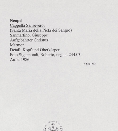 Rückseite von Sigismondi, Roberto [http://creativecommons.org/licenses/by-nc-sa/4.0/] Aufgebahrter Christus (Cristo Velato) - Detail: Kopf und Oberkörper, bh559075_recto. Foto: Sigismondi, Roberto.