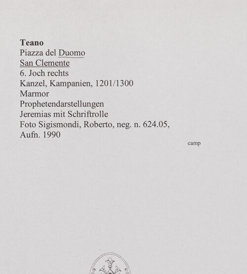 Rückseite von Sigismondi, Roberto [http://creativecommons.org/licenses/by-nc-sa/4.0/] KanzelProphetendarstellungen - Jeremias mit Schriftrolle, bh559545_recto. Foto: Sigismondi, Roberto.