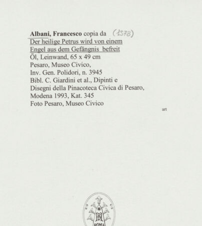 Rückseite von Pesaro, Museo Civico [https://www.deutsche-digitale-bibliothek.de/content/lizenzen/rv-ez/] Der heilige Petrus wird von einem Engel aus dem Gefängnis befreit - , bh560037_recto. Foto.