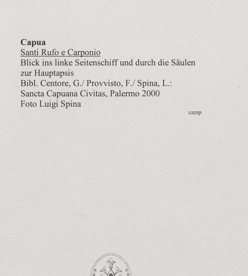 Rückseite von Spina, Luigi [https://www.deutsche-digitale-bibliothek.de/content/lizenzen/rv-ez/] Santi Rufo e Carponio - Blick ins linke Seitenschiff und durch die Säulen zur Hauptapsis, bh560460_recto. Foto: Spina, Luigi.