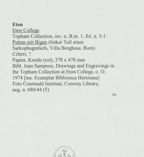 Rückseite von Courtauld Institute, Conway Library [https://www.deutsche-digitale-bibliothek.de/content/lizenzen/rv-ez/] Von Putten gelenkte Bigen (linker Teil eines Sarkophagreliefs, Villa Borghese, Rom) - , bh560601_recto. Foto.