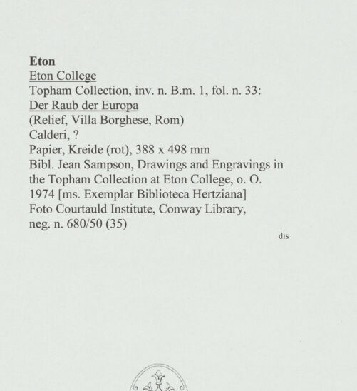 Rückseite von Courtauld Institute, Conway Library [https://www.deutsche-digitale-bibliothek.de/content/lizenzen/rv-ez/] Der Raub der Europa (Relief, Villa Borghese, Rom) - , bh560636_recto. Foto.