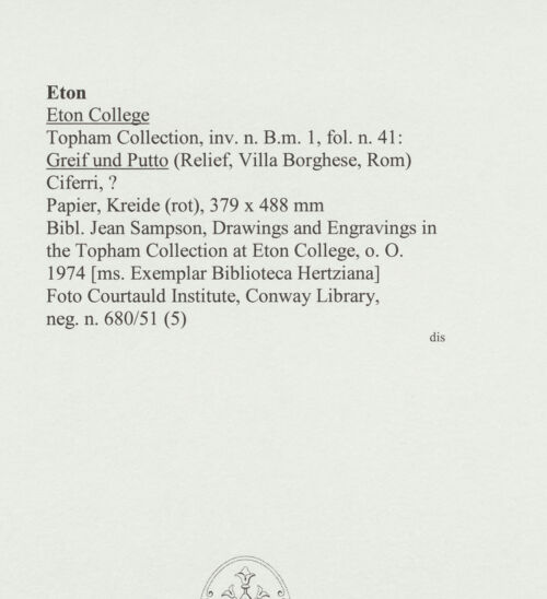 Rückseite von Courtauld Institute, Conway Library [https://www.deutsche-digitale-bibliothek.de/content/lizenzen/rv-ez/] Greif und Putto (Relief, Villa Borghese, Rom) - , bh560645_recto. Foto.