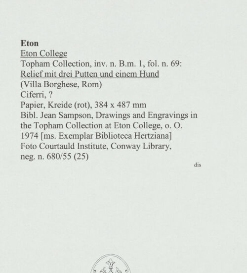 Rückseite von Courtauld Institute, Conway Library [https://www.deutsche-digitale-bibliothek.de/content/lizenzen/rv-ez/] Relief mit drei Putten und einem Hund (Villa Borghese, Rom) - , bh560675_recto. Foto.