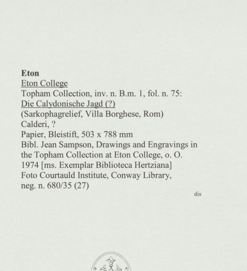 Rückseite von Courtauld Institute, Conway Library [https://www.deutsche-digitale-bibliothek.de/content/lizenzen/rv-ez/] Die Calydonische Jagd (?) (Sarkophagrelief, Villa Borghese, Rom) - , bh560680_recto. Foto.