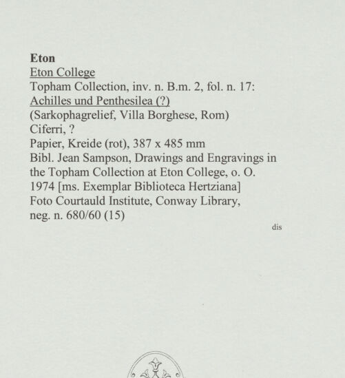 Rückseite von Courtauld Institute, Conway Library [https://www.deutsche-digitale-bibliothek.de/content/lizenzen/rv-ez/] Achilles und Penthesilea (?) (Sarkophagrelief, Villa Borghese, Rom) - , bh560711_recto. Foto.