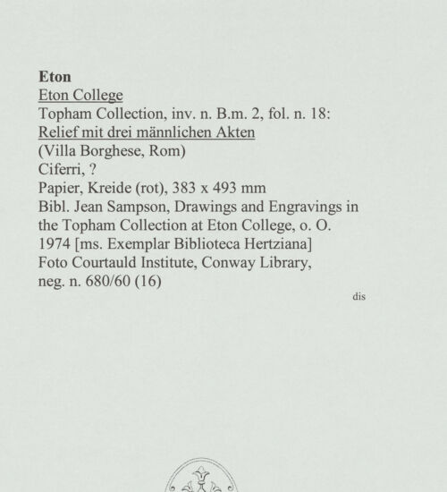 Rückseite von Courtauld Institute, Conway Library [https://www.deutsche-digitale-bibliothek.de/content/lizenzen/rv-ez/] Relief mit drei männlichen Akten (Villa Borghese, Rom) - , bh560712_recto. Foto.