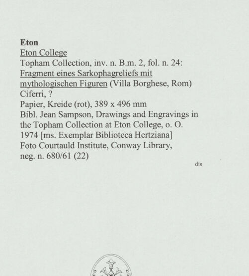 Rückseite von Courtauld Institute, Conway Library [https://www.deutsche-digitale-bibliothek.de/content/lizenzen/rv-ez/] Fragment eines Sarkophagreliefs mit mythologischen Figuren (Villa Borghese, Rom) - , bh560718_recto. Foto.