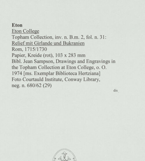 Rückseite von Courtauld Institute, Conway Library [https://www.deutsche-digitale-bibliothek.de/content/lizenzen/rv-ez/] Relief mit Girlande und Bukranien (Villa Borghese, Rom) - , bh560725_recto. Foto.