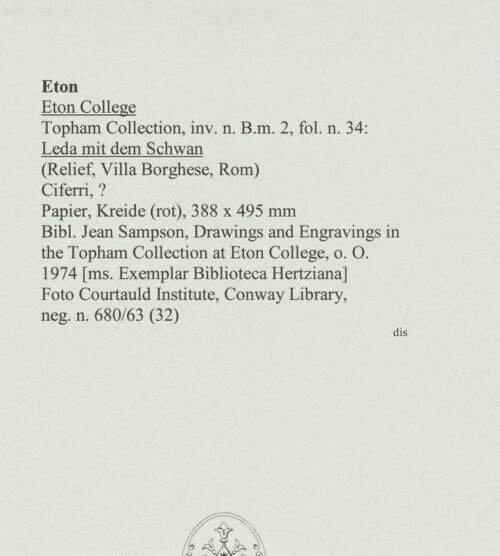 Rückseite von Courtauld Institute, Conway Library [https://www.deutsche-digitale-bibliothek.de/content/lizenzen/rv-ez/] Leda mit dem Schwan (Relief, Villa Borghese, Rom) - , bh560728_recto. Foto.