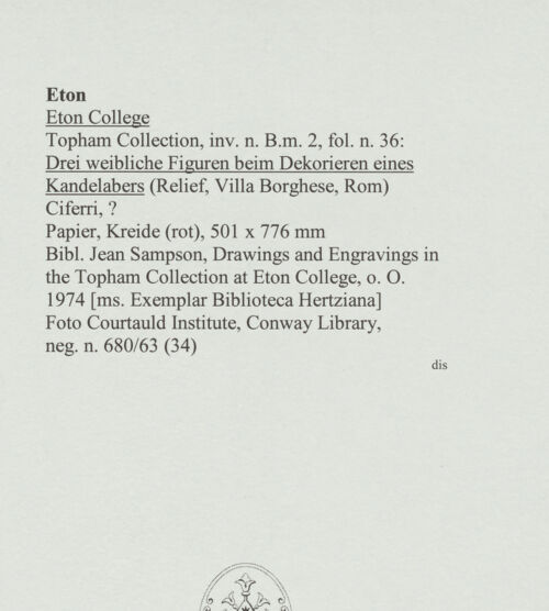 Rückseite von Courtauld Institute, Conway Library [https://www.deutsche-digitale-bibliothek.de/content/lizenzen/rv-ez/] Drei weibliche Figuren beim Dekorieren eines Kandelabers (Relief, Villa Borghese, Rom) - , bh560730_recto. Foto.