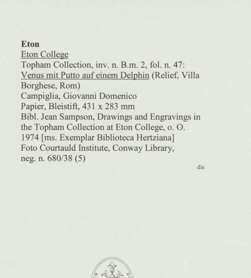 Rückseite von Courtauld Institute, Conway Library [https://www.deutsche-digitale-bibliothek.de/content/lizenzen/rv-ez/] Venus mit Putto auf einem Delphin (Relief, Villa Borghese, Rom) - , bh560744_recto. Foto.