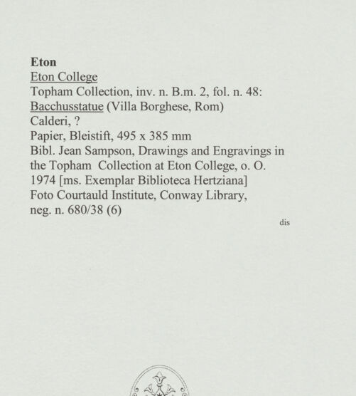 Rückseite von Courtauld Institute, Conway Library [https://www.deutsche-digitale-bibliothek.de/content/lizenzen/rv-ez/] Bacchusstatue (Villa Borghese, Rom) - , bh560745_recto. Foto.