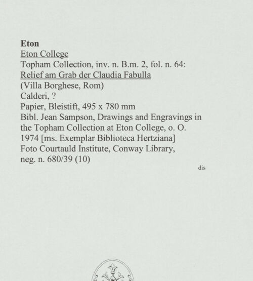 Rückseite von Courtauld Institute, Conway Library [https://www.deutsche-digitale-bibliothek.de/content/lizenzen/rv-ez/] Relief am Grab der Claudia Fabulla (Villa Borghese, Rom) - , bh560760_recto. Foto.