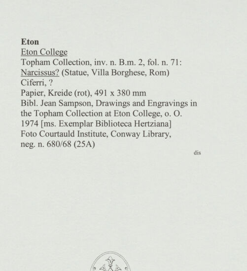 Rückseite von Courtauld Institute, Conway Library [https://www.deutsche-digitale-bibliothek.de/content/lizenzen/rv-ez/] Narcissus? (Statue, Villa Borghese, Rom) - , bh560767_recto. Foto.