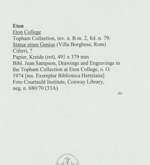 Rückseite von Courtauld Institute, Conway Library [https://www.deutsche-digitale-bibliothek.de/content/lizenzen/rv-ez/] Statue eines Genius (Villa Borghese, Rom) - , bh560775_recto. Foto.