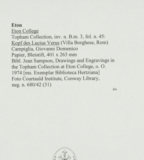 Rückseite von Courtauld Institute, Conway Library [https://www.deutsche-digitale-bibliothek.de/content/lizenzen/rv-ez/] Kopf des Lucius Verus (Villa Borghese, Rom) - , bh560841_recto. Foto.