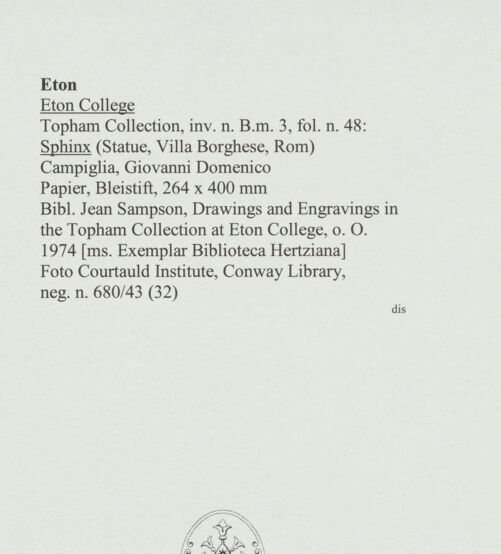 Rückseite von Courtauld Institute, Conway Library [https://www.deutsche-digitale-bibliothek.de/content/lizenzen/rv-ez/] Sphinx (Statue, Villa Borghese, Rom) - , bh560843_recto. Foto.