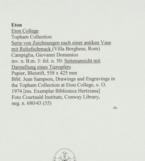 Rückseite von Courtauld Institute, Conway Library [https://www.deutsche-digitale-bibliothek.de/content/lizenzen/rv-ez/] Serie von Zeichnungen nach einer antiken Vase mit Reliefschmuck (Villa Borghese, Rom)Seitenansicht mit Darstellung eines Tieropfers - , bh560845_recto. Foto.