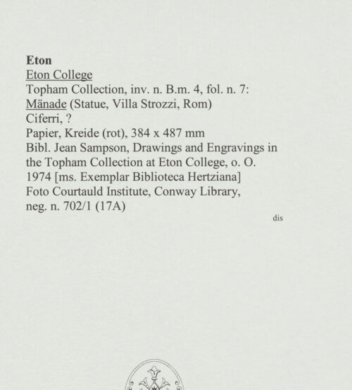 Rückseite von Courtauld Institute, Conway Library [https://www.deutsche-digitale-bibliothek.de/content/lizenzen/rv-ez/] Mänade (Statue, Villa Strozzi, Rom) - , bh560853_recto. Foto.