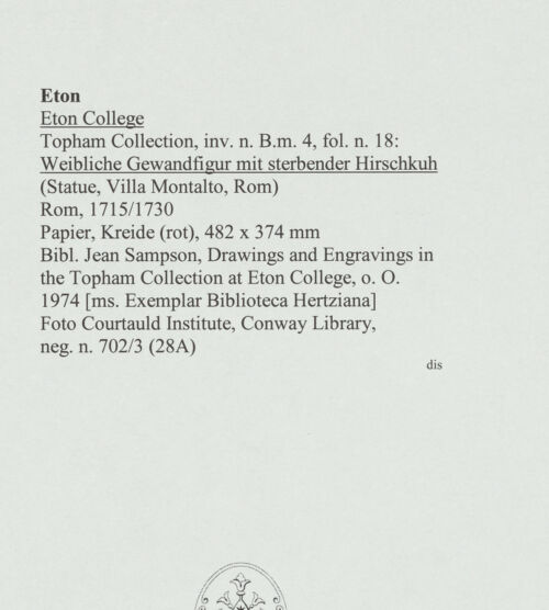 Rückseite von Courtauld Institute, Conway Library [https://www.deutsche-digitale-bibliothek.de/content/lizenzen/rv-ez/] Weibliche Gewandfigur mit sterbender Hirschkuh (Statue, Villa Montalto, Rom) - , bh560864_recto. Foto.
