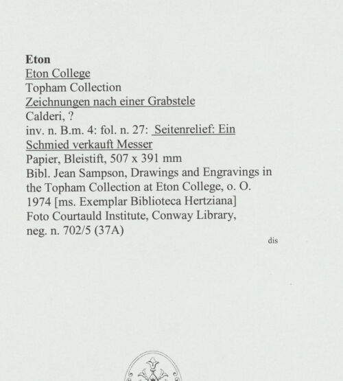 Rückseite von Courtauld Institute, Conway Library [https://www.deutsche-digitale-bibliothek.de/content/lizenzen/rv-ez/] Zeichnungen nach einer GrabsteleSeitenrelief: Ein Schmied verkauft Messer - , bh560873_recto. Foto.