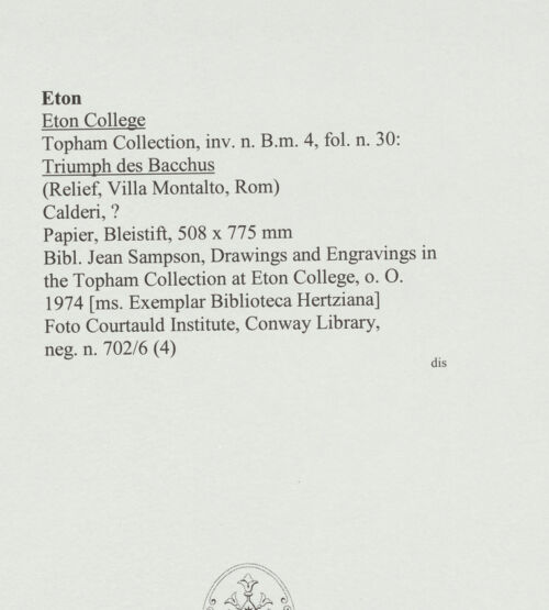 Rückseite von Courtauld Institute, Conway Library [https://www.deutsche-digitale-bibliothek.de/content/lizenzen/rv-ez/] Triumph des Bacchus (Relief, Villa Montalto, Rom) - , bh560876_recto. Foto.