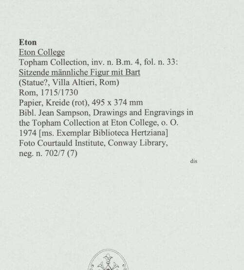 Rückseite von Courtauld Institute, Conway Library [https://www.deutsche-digitale-bibliothek.de/content/lizenzen/rv-ez/] Sitzende männliche Figur mit Bart (Statue?, Villa Altieri, Rom) - , bh560879_recto. Foto.
