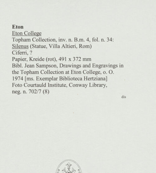 Rückseite von Courtauld Institute, Conway Library [https://www.deutsche-digitale-bibliothek.de/content/lizenzen/rv-ez/] Silenus (Statue, Villa Altieri, Rom) - , bh560880_recto. Foto.