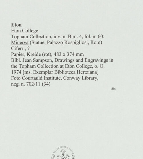 Rückseite von Courtauld Institute, Conway Library [https://www.deutsche-digitale-bibliothek.de/content/lizenzen/rv-ez/] Minerva (Statue, Palazzo Rospigliosi, Rom) - , bh560906_recto. Foto.