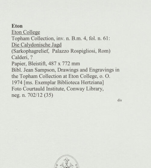 Rückseite von Courtauld Institute, Conway Library [https://www.deutsche-digitale-bibliothek.de/content/lizenzen/rv-ez/] Die Calydonische Jagd (Sarkophagrelief, Palazzo Rospigliosi, Rom) - , bh560907_recto. Foto.