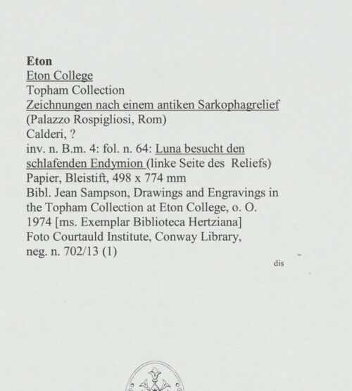 Rückseite von Courtauld Institute, Conway Library [https://www.deutsche-digitale-bibliothek.de/content/lizenzen/rv-ez/] Zeichnungen nach einem antiken Sarkophagrelief (Palazzo Rospigliosi, Rom)Luna besucht den schlafenden Endymion (linke Seite des Reliefs) - , bh560910_recto. Foto.