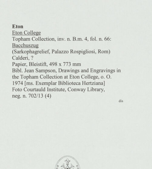 Rückseite von Courtauld Institute, Conway Library [https://www.deutsche-digitale-bibliothek.de/content/lizenzen/rv-ez/] Bacchuszug (Sarkophagrelief, Palazzo Rospigliosi, Rom) - , bh560912_recto. Foto.